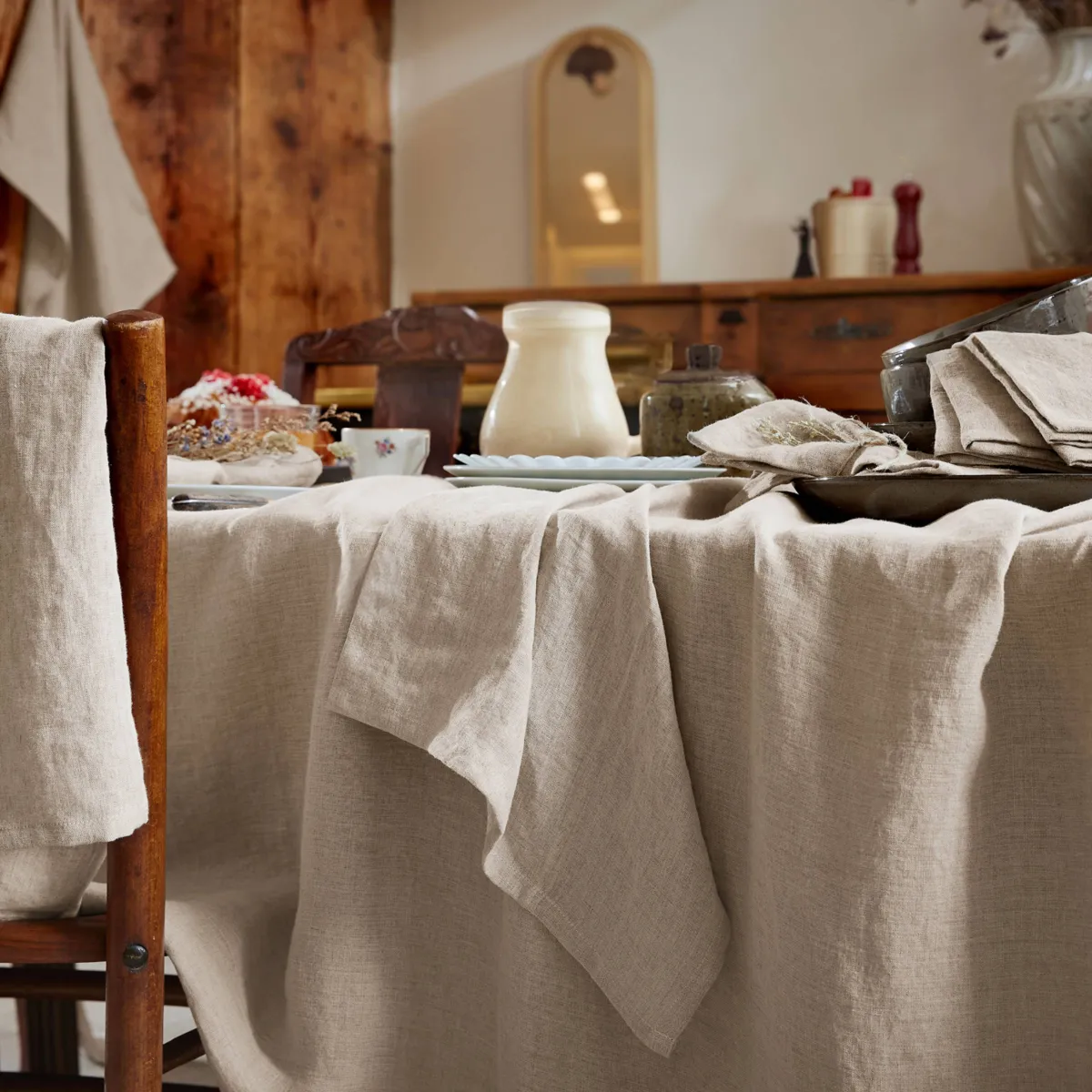 Tafelkleed rechthoekig gewassen linnen (L350 cm) Louise Beige
