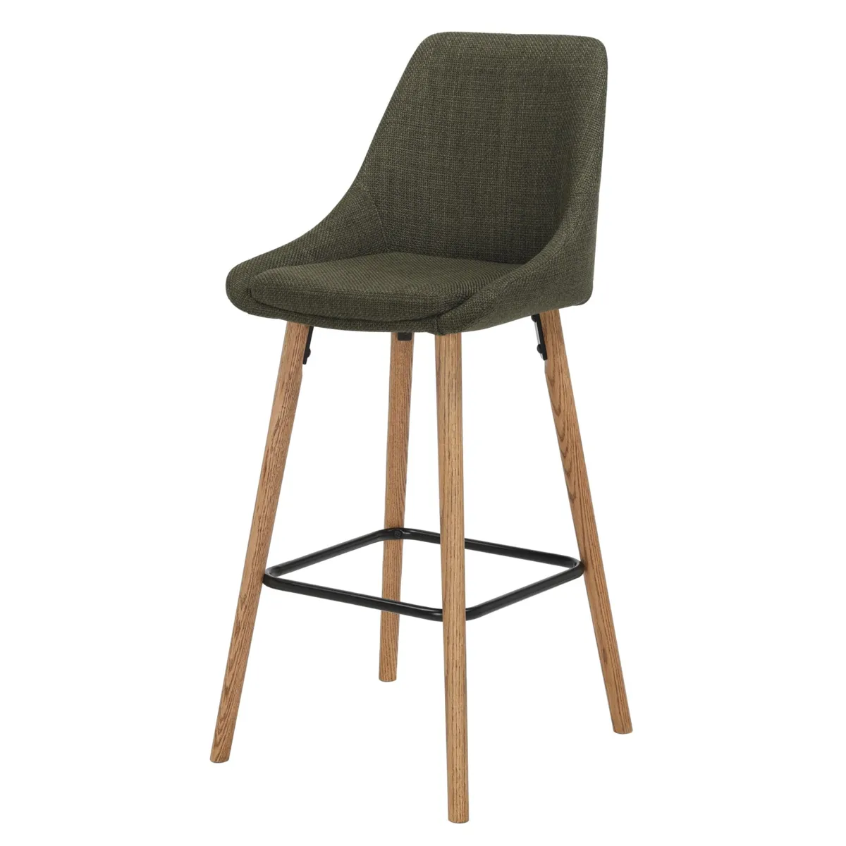 Set aus 2 Barhockern mit Stoffrückenlehne (Sitzhöhe 67 cm) Juno Khaki-Grün, Beine Eichenholz