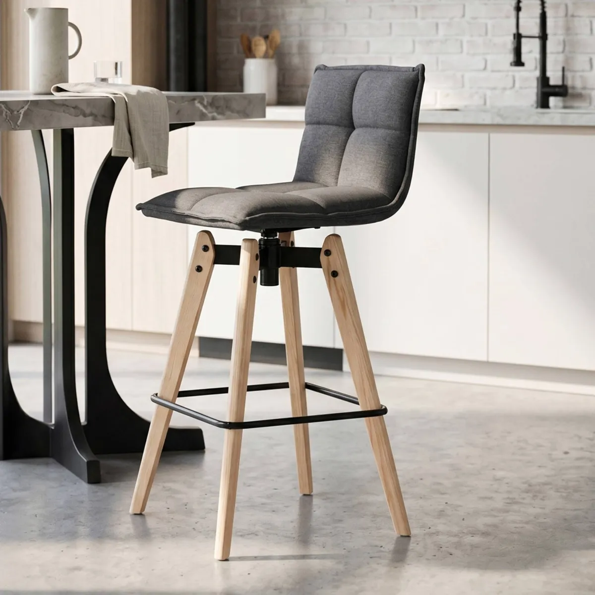 Sgabello da bar girevole con schienale in tessuto (Altezza seduta 75cm) Osla Grigio scuro