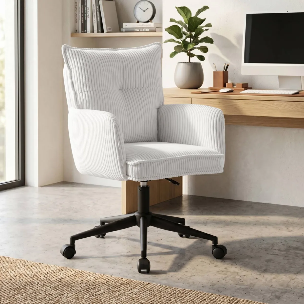 Sedia da ufficio con ruote in velluto a coste regolabile in altezza (seduta da 46 a 54 cm) Nuva Bianco 
