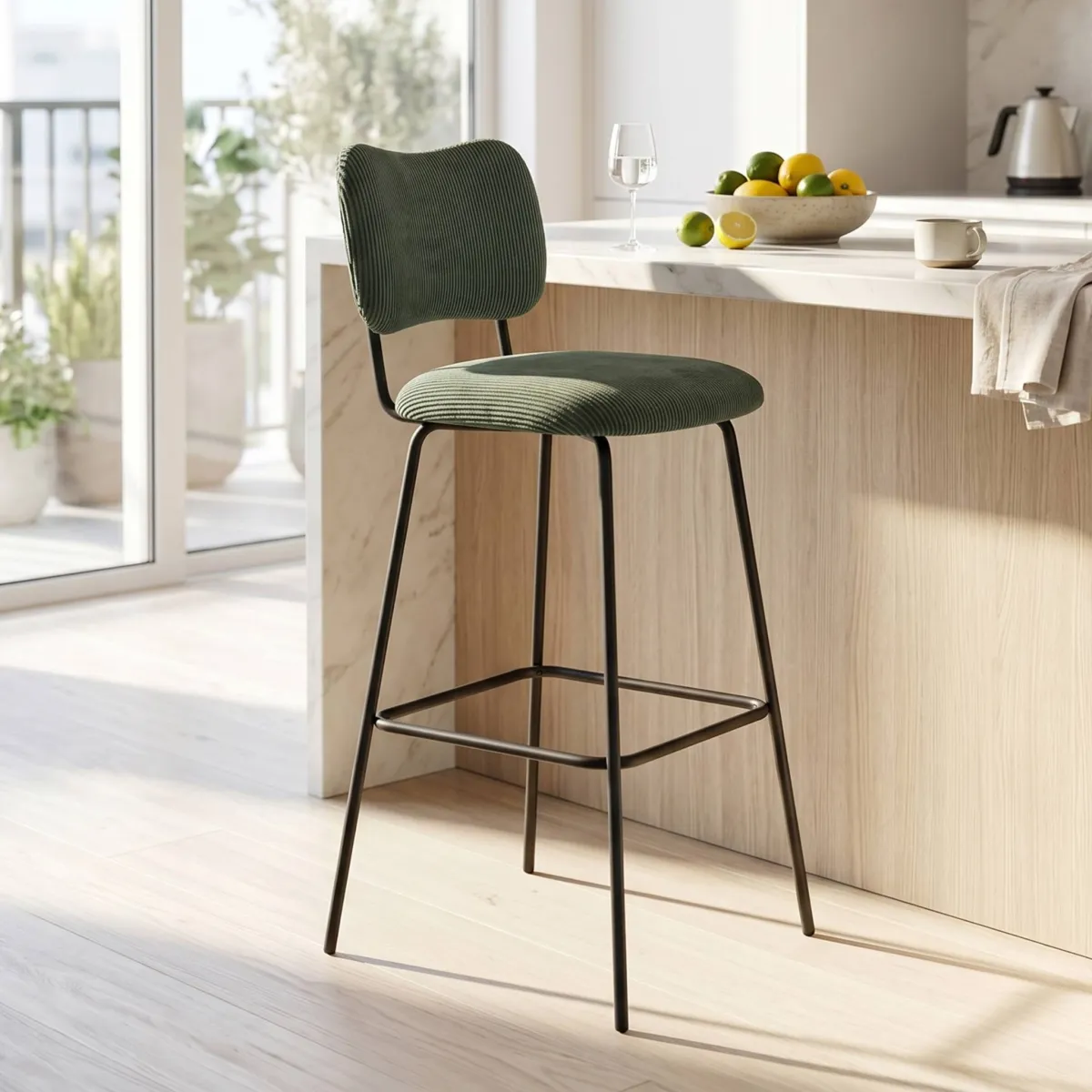 Sgabello da bar con schienale in velluto a coste (Altezza seduta 77cm) Orion Verde scuro