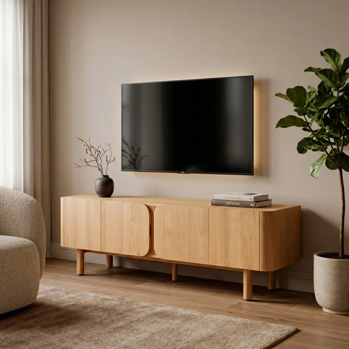 Meuble télé 4 portes chêne massif (180 x 55 cm) Oakland Naturel