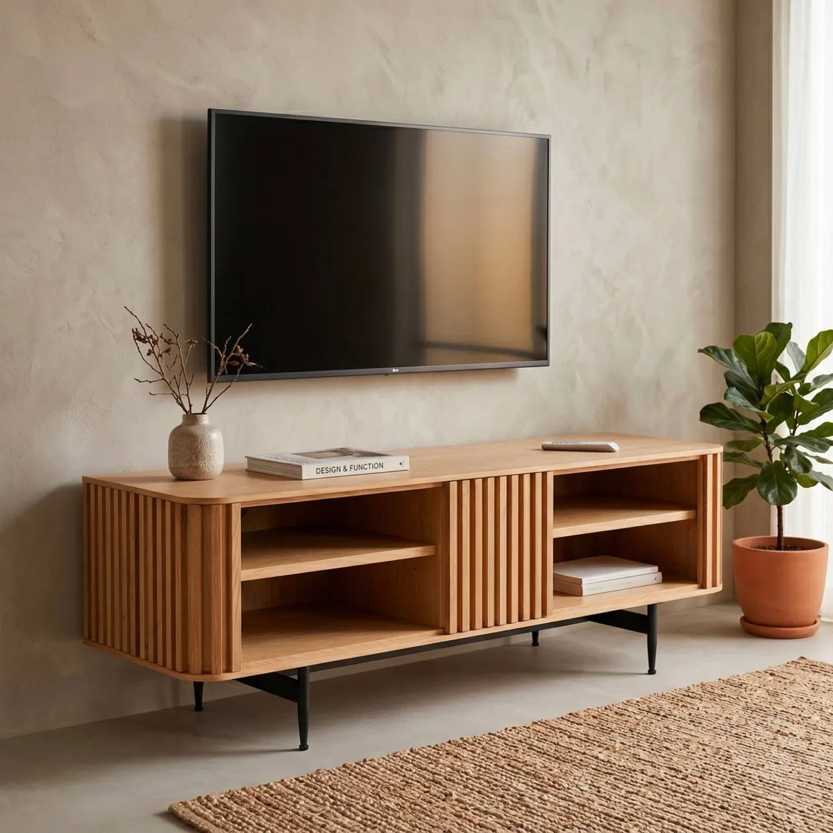 Meuble télé 4 niches chêne massif (130 x 42 cm) Rytm Naturel