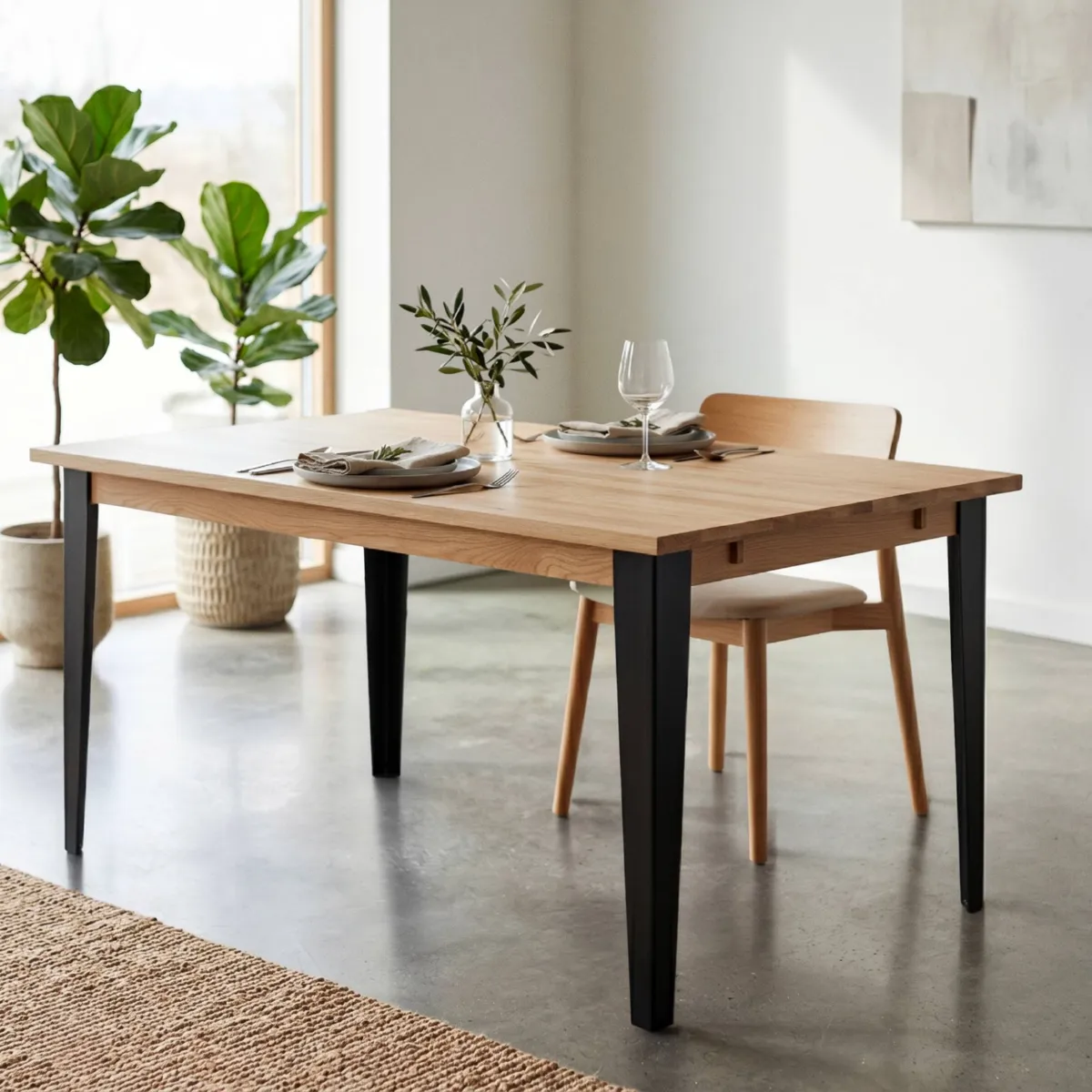 Tavolo rettangolare allungabile in rovere massiccio e metallo (160 cm) Bristol Naturale