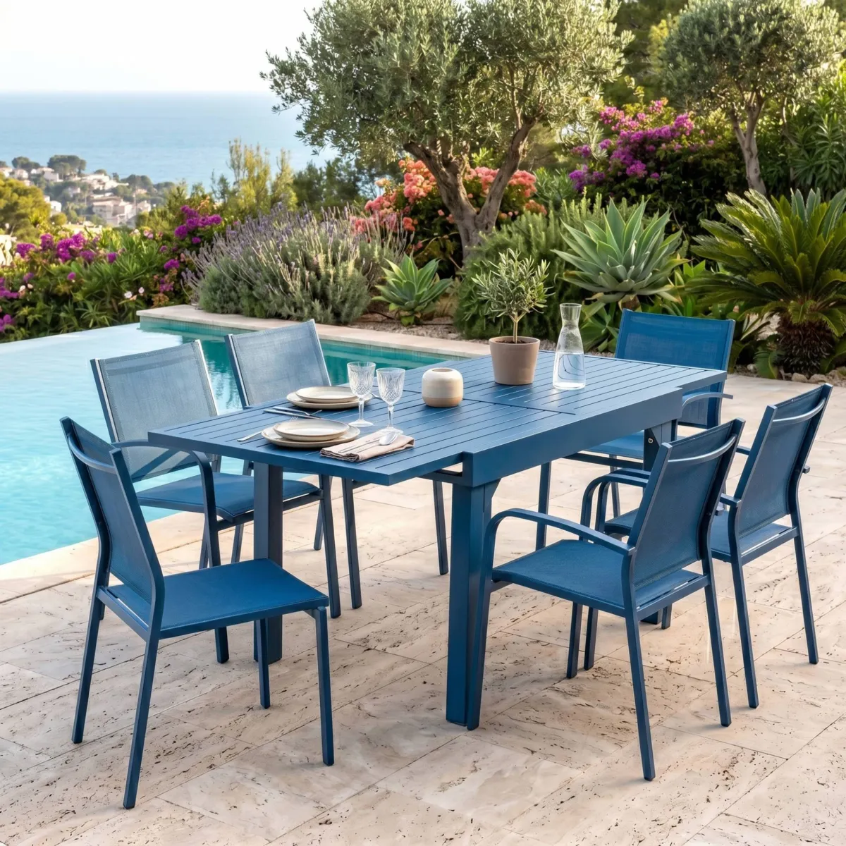 Table de jardin extensible en verre 8 places (90/180 x 90 cm) Murano Bleu