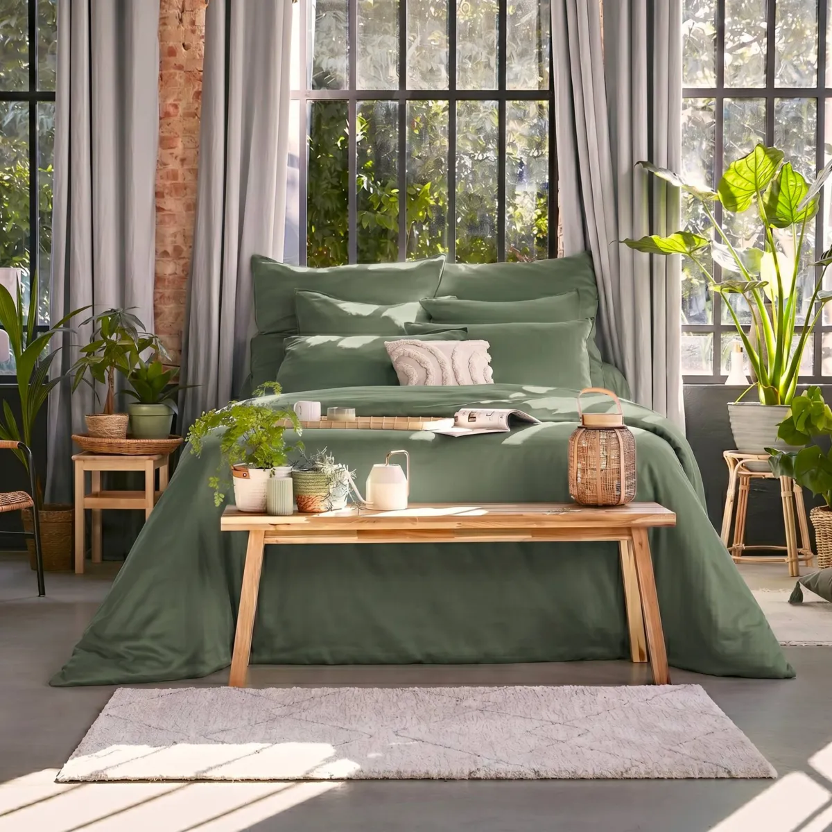 Drap housse lyocell Tencel™ lavé (180 x 200 cm) Olivia Vert romarin