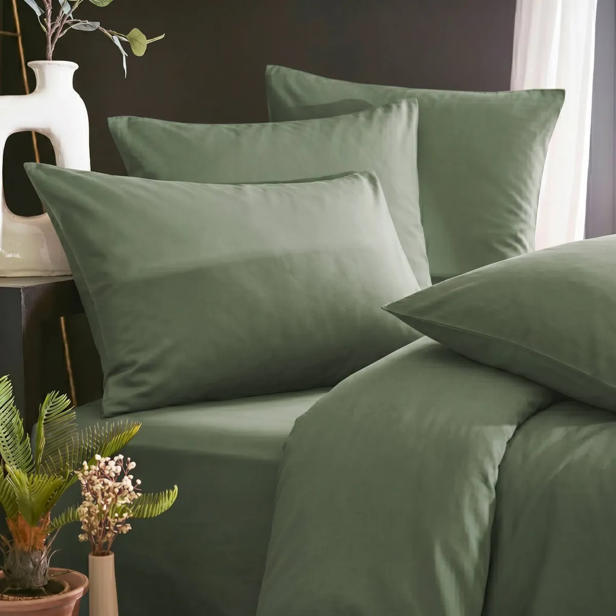 Drap housse lyocell Tencel™ lavé (160 x 200 cm) Olivia Vert romarin