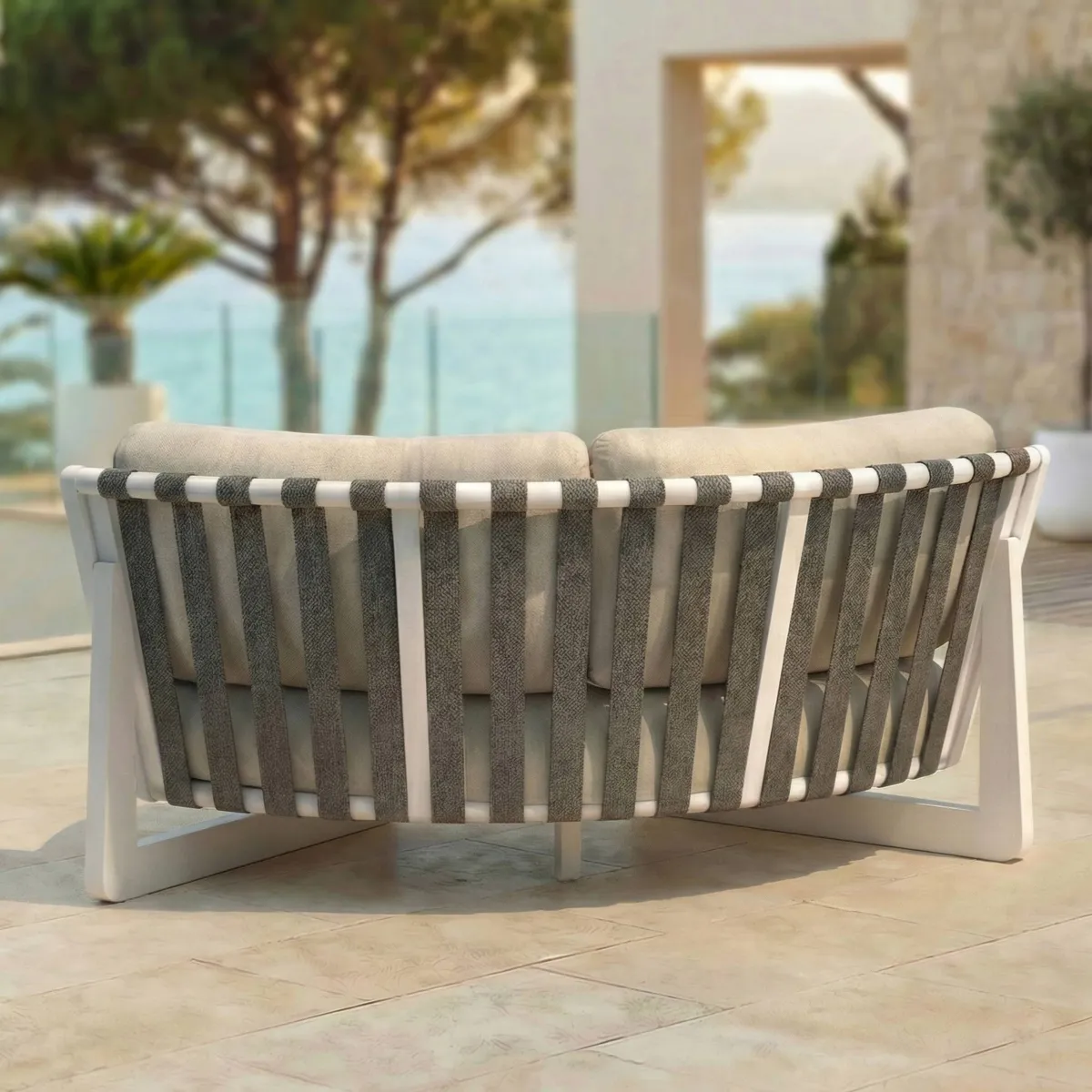 Salon de jardin d'angle en aluminium 5 places Long Beach Blanc cendré et beige