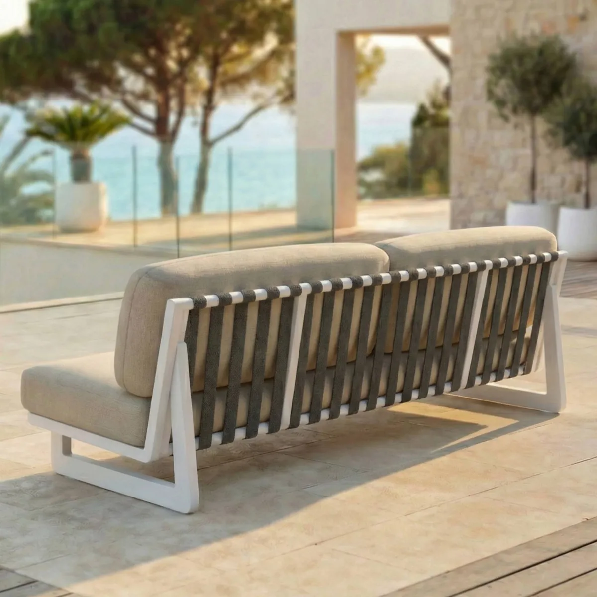 Salon de jardin en aluminium 8 places 6 pcs Long Beach Blanc cendré et beige