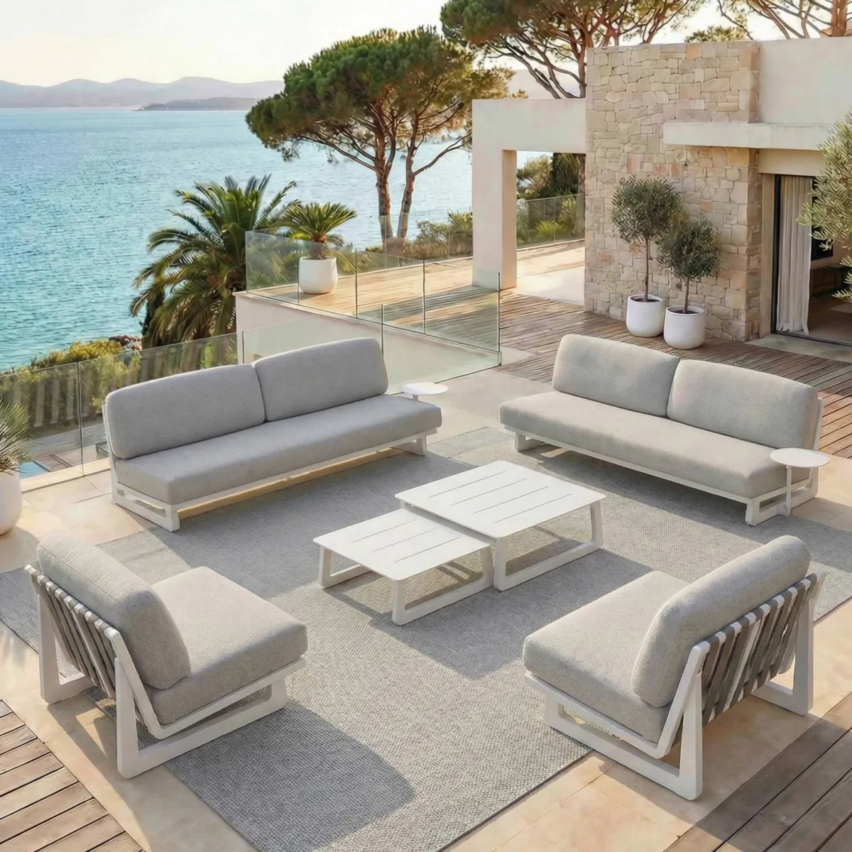 Salon de jardin en aluminium 8 places 6 pcs Long Beach Blanc cendré et gris clair