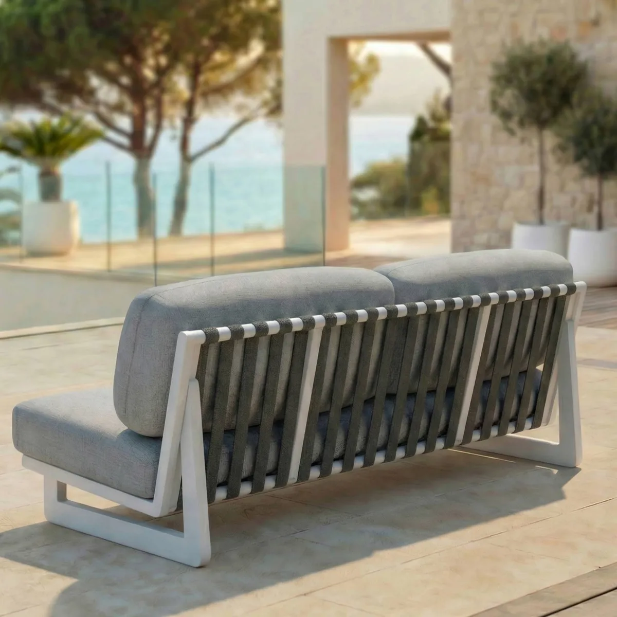 Salon de jardin en aluminium 8 places 6 pcs Long Beach Blanc cendré et gris clair