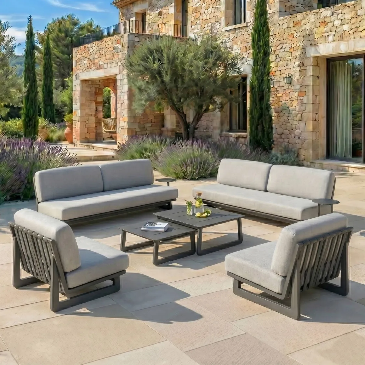 Salon de jardin en aluminium 8 places 6 pcs Long Beach Gris anthracite et gris clair