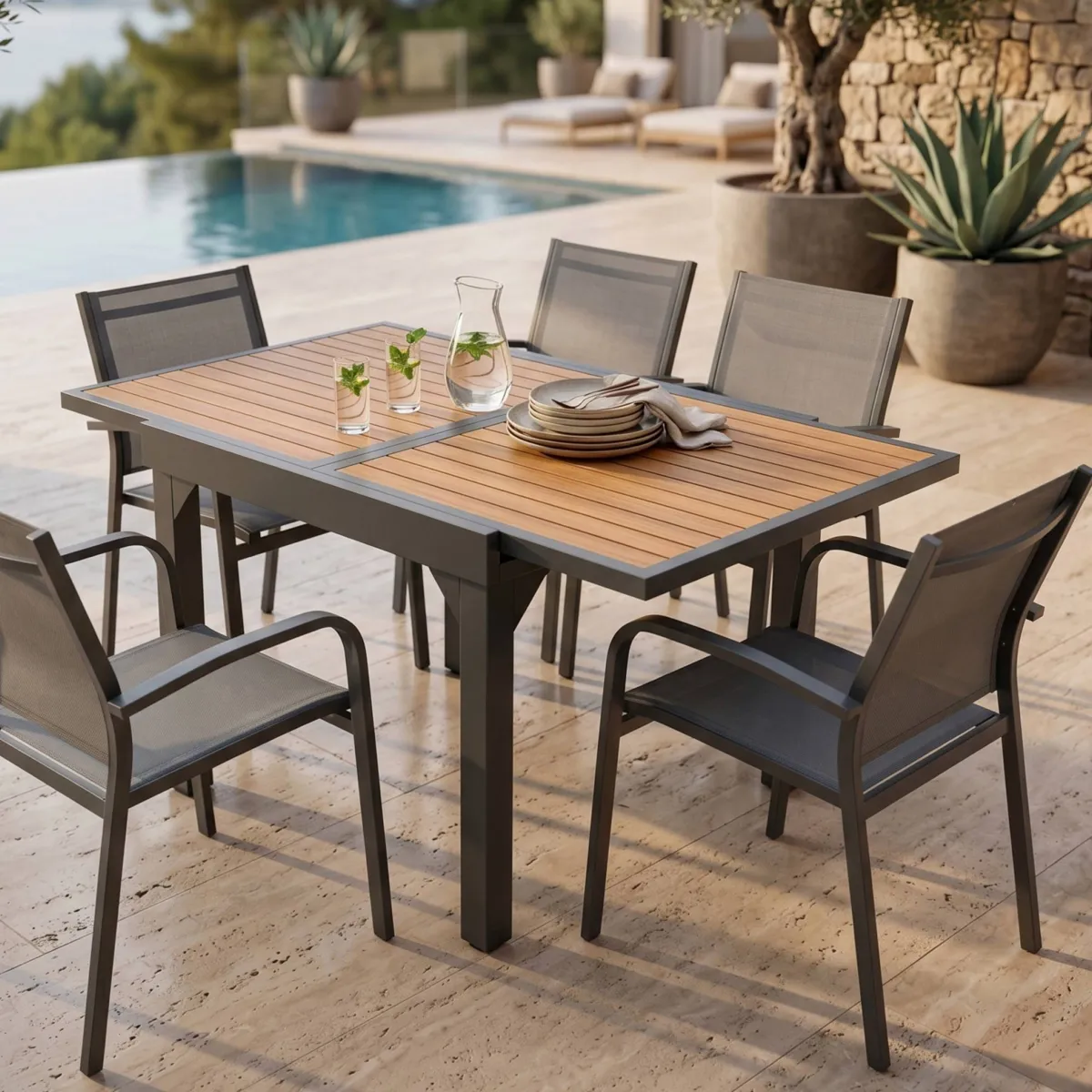 Tavolo da giardino allungabile 8 posti Alluminio effetto legno Murano (180 x 90 cm)- Grigio antracite 1