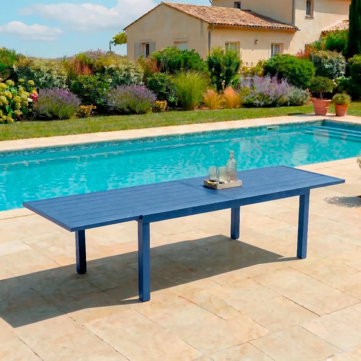Mesa de jardÃƒÂ­n extensible de aluminio 12 personas (200/320 x 100 cm) Murano Azul