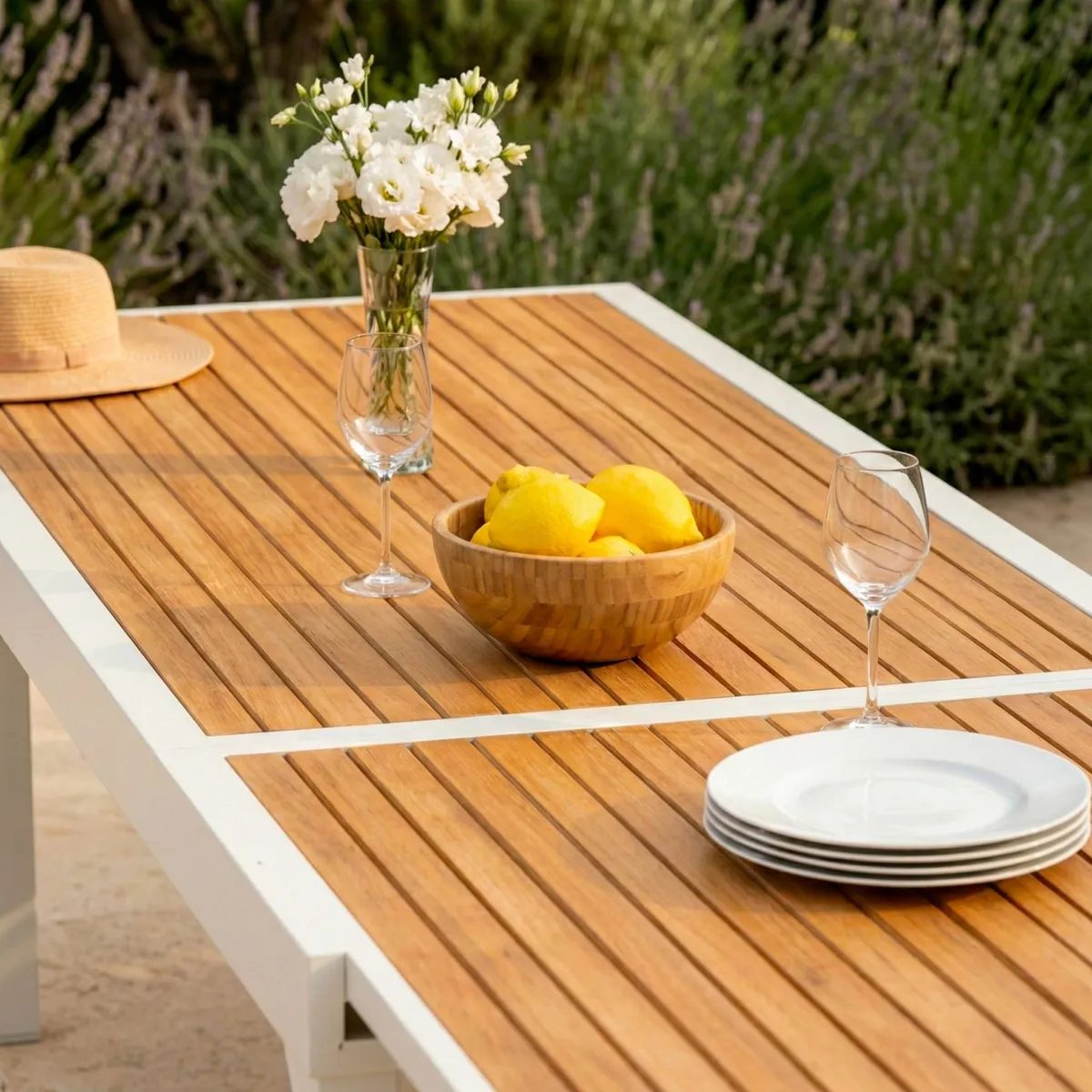 Mesa de jardín extensible 10 personas Aluminio efecto madera Murano (270 x 90 cm) - Blanca 2