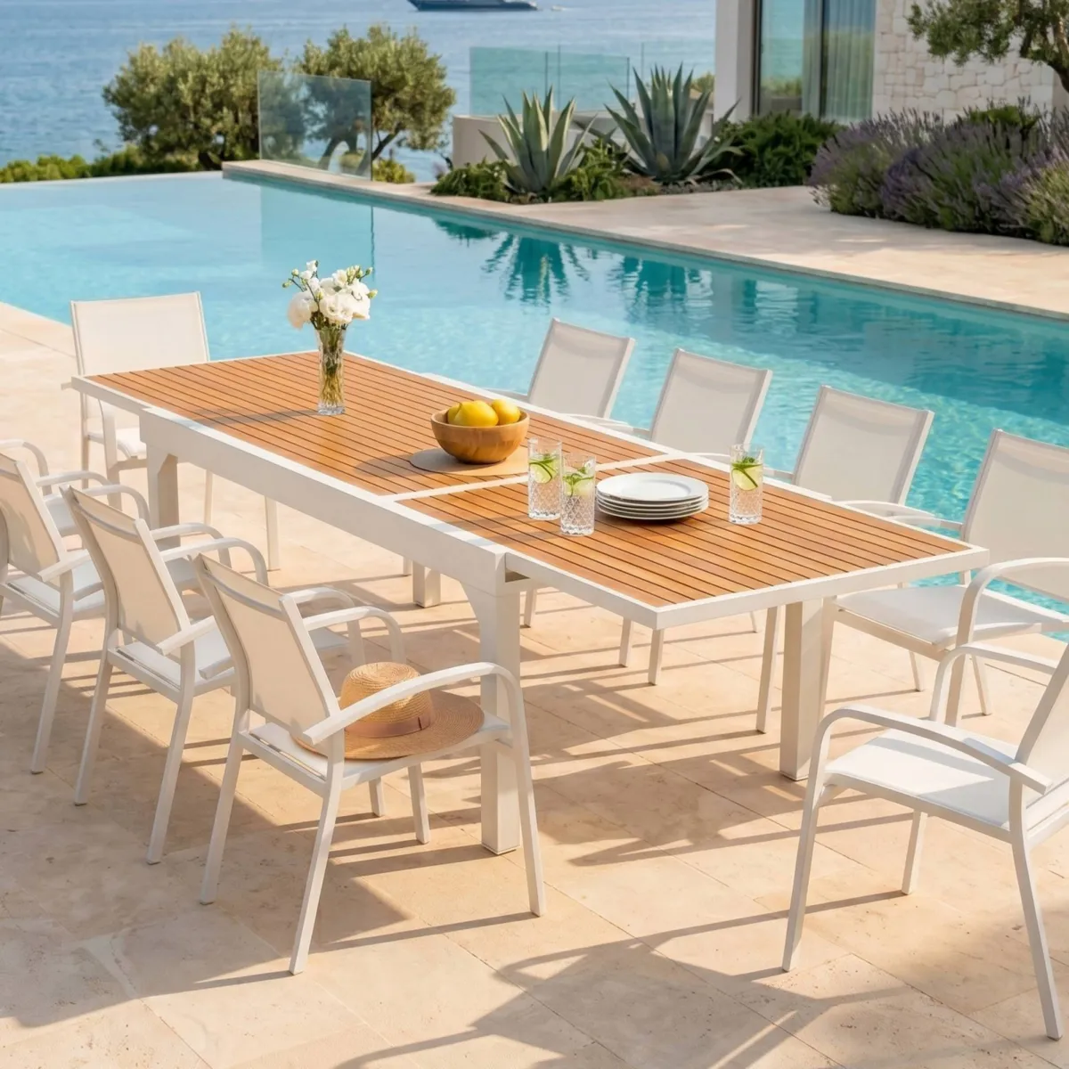 Table de jardin extensible 12 places Aluminium effet bois Murano (320 x 100 cm) - Blanche 1