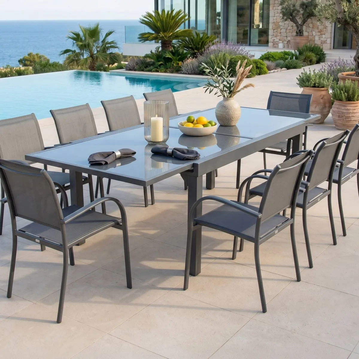 Table de jardin extensible 12 places en verre Murano (320 x 100 cm) - Anthracite 1