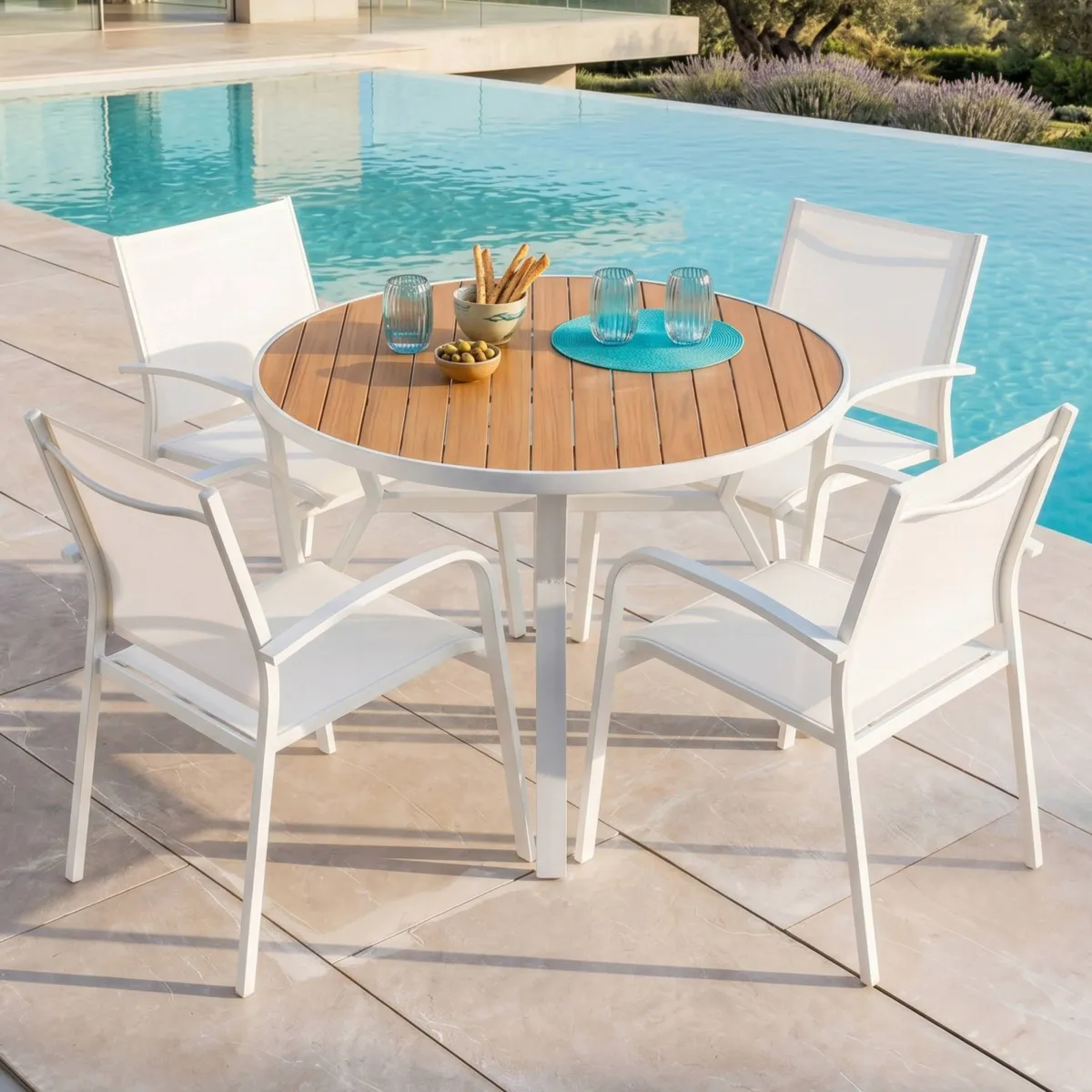 Tavolo da giardino rotondo in alluminio 5 posti (D105 cm) Murano Bianco e effetto legno