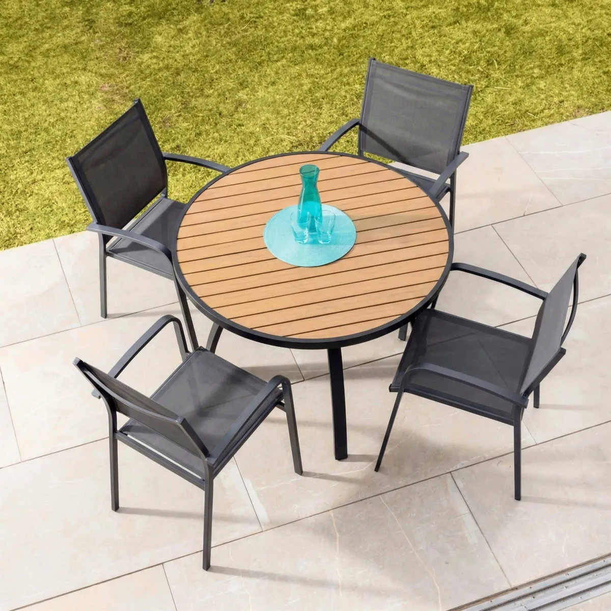 Table de jardin ronde en aluminium 5 places (D105 cm) Murano Gris anthracite et effet bois