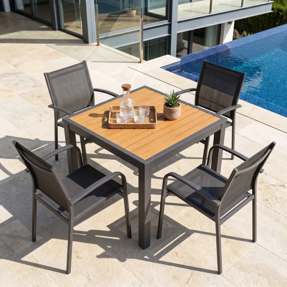 Table de jardin carrée en aluminium 4 places (89 x 89 cm) Murano Gris anthracite et effet bois