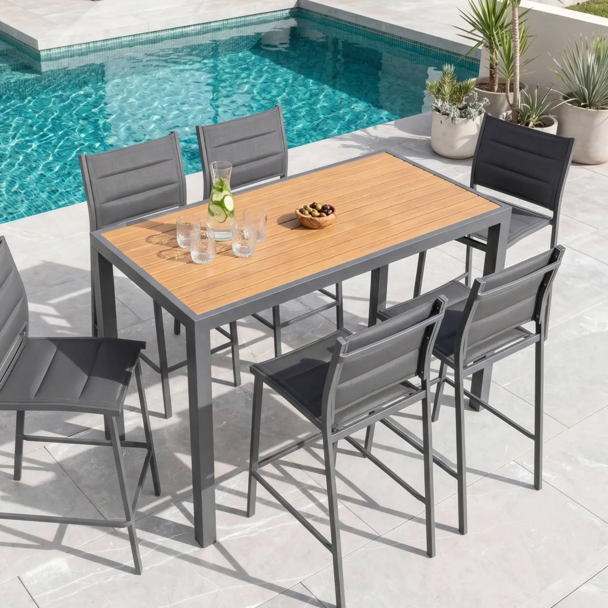 Table de jardin haute en aluminium 6 places effet bois (160 x H105 cm) Murano Gris anthracite