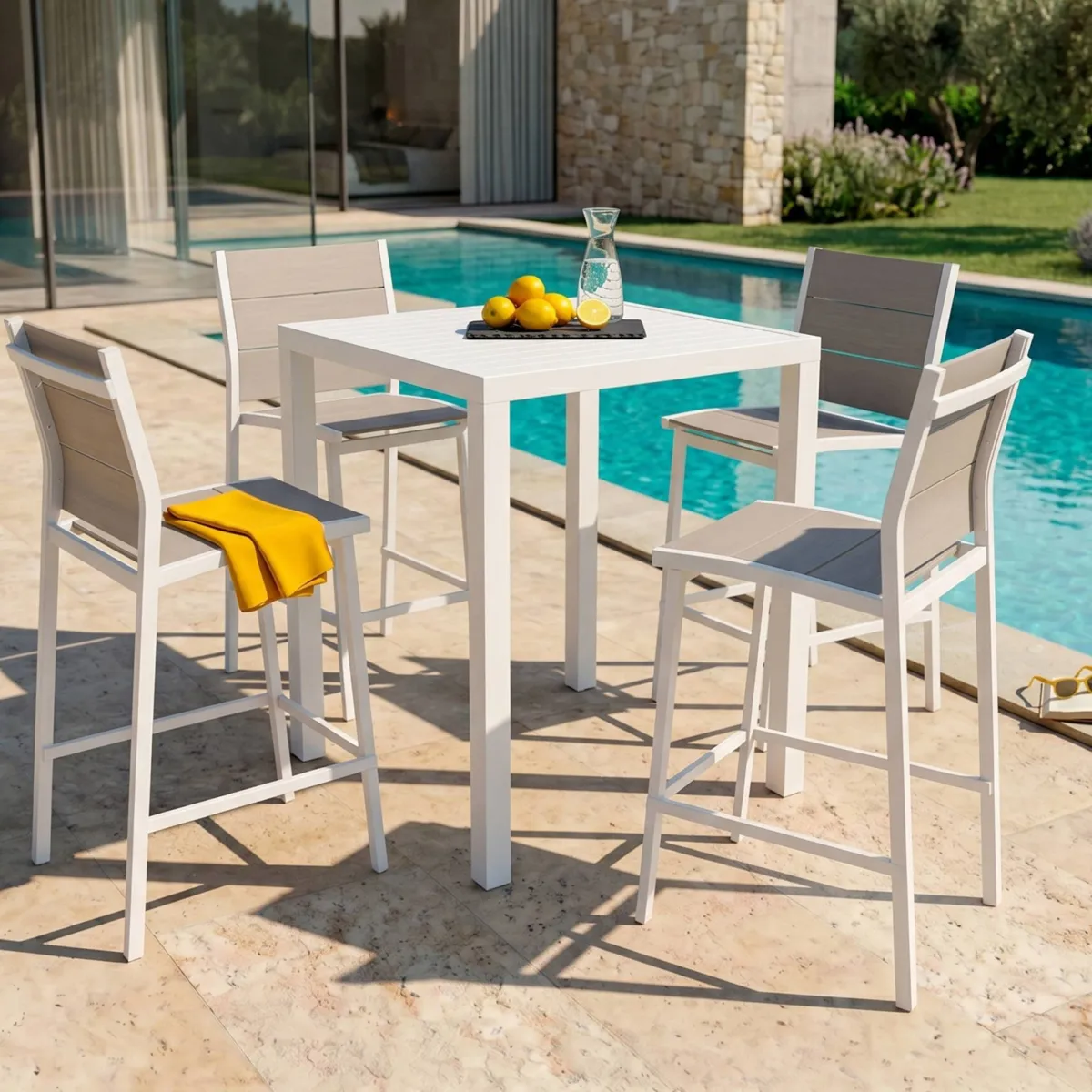 Tavolo da giardino alto quadrato alluminio 4 posti (90 x H105 cm) Murano - Bianco