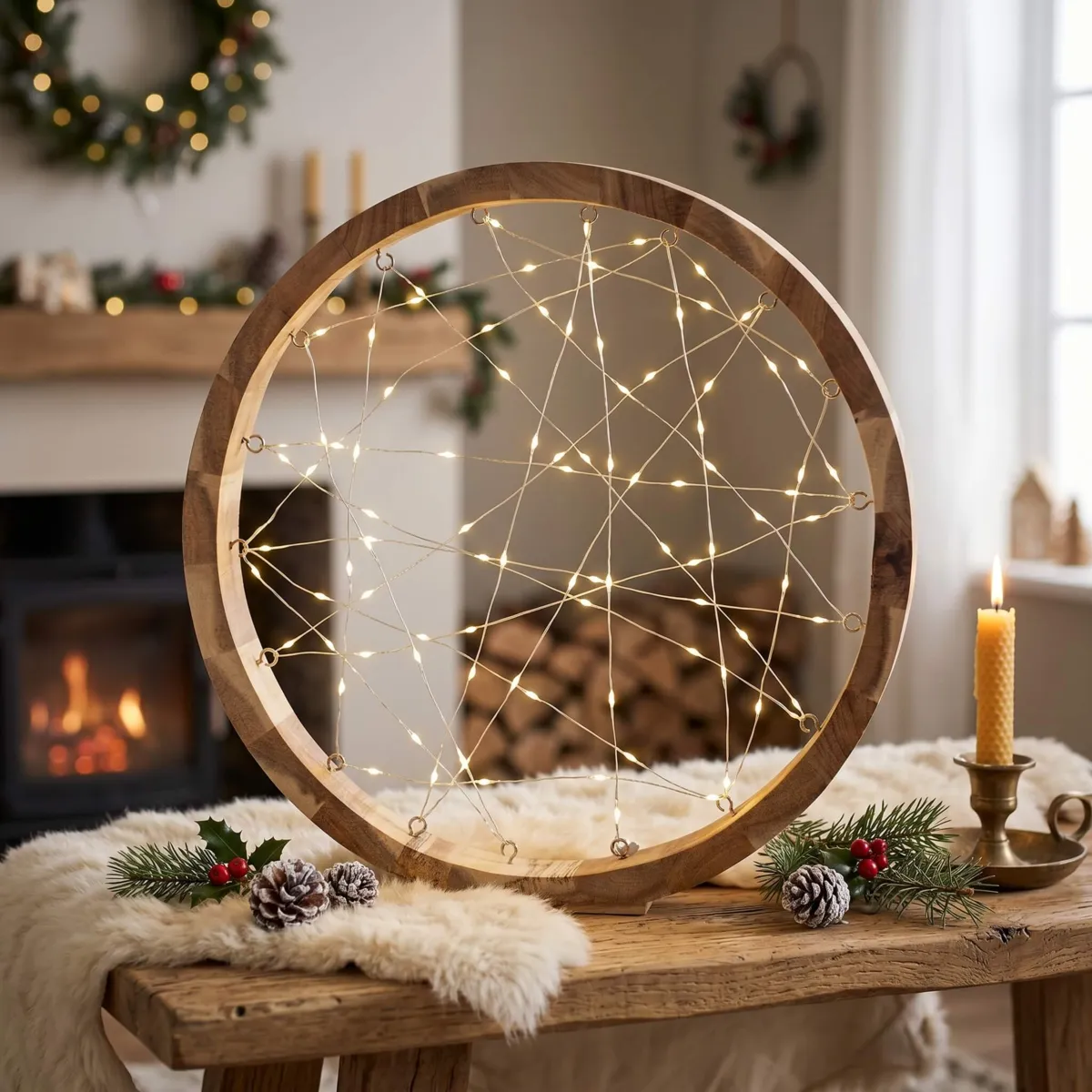 Anello luminoso a pile 97 LED (D32 cm) Astro in legno Bianco caldo