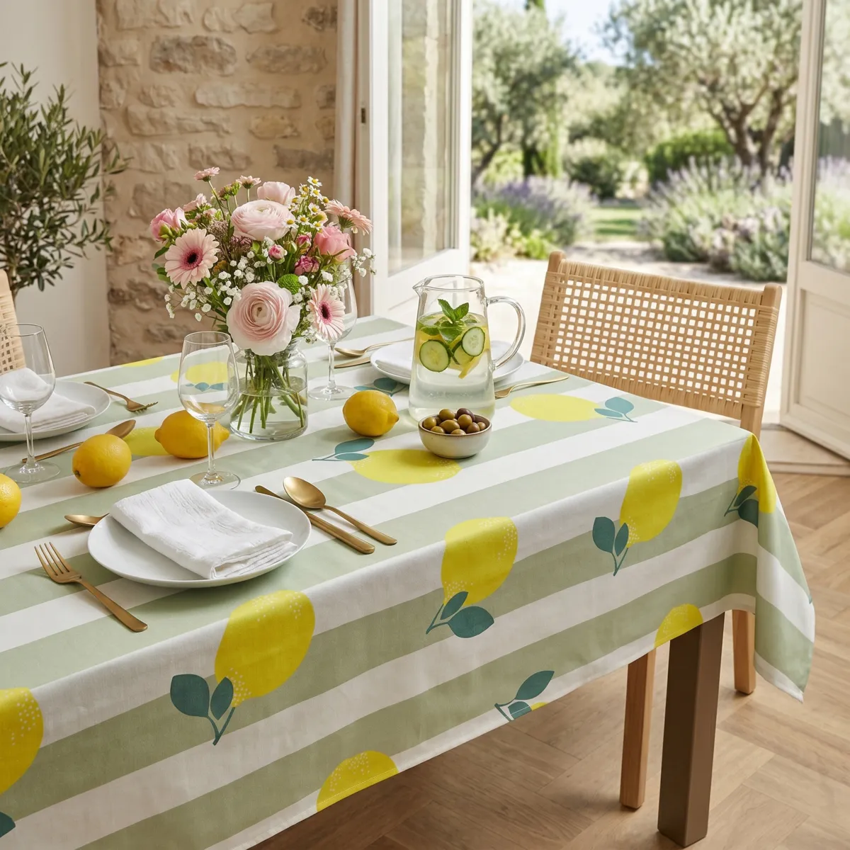 Rechthoekig gecoat katoenen tafelkleed (150 x 350 cm) Antibes Groen