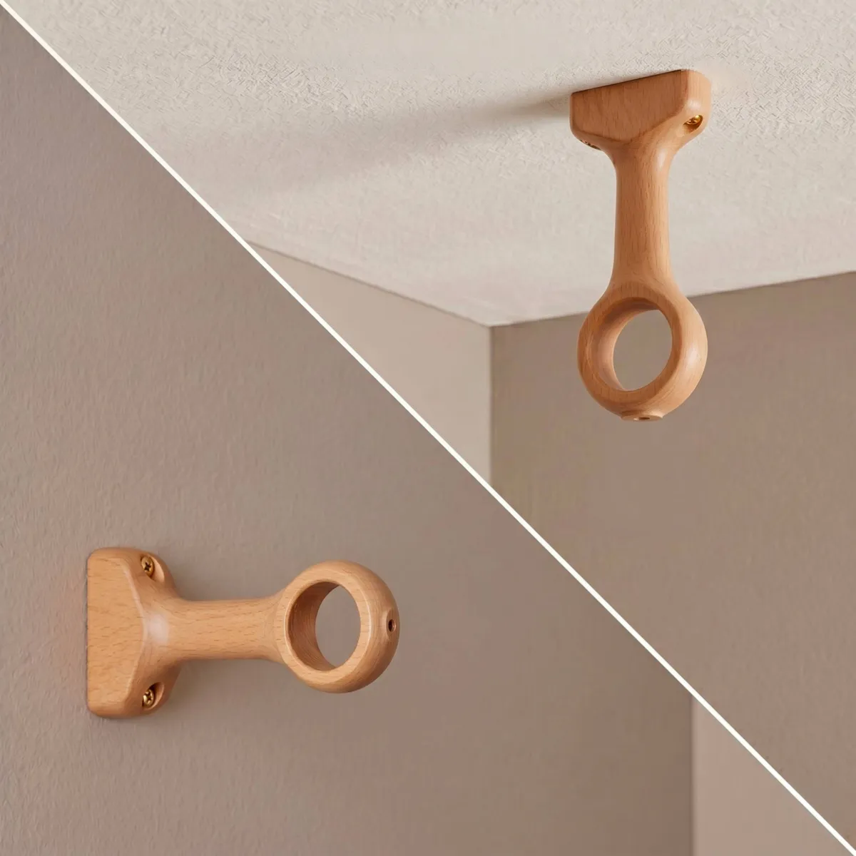 Lote de 2 soportes de barra de cortina de madera fija (L115 / D28 mm) Nils Beige Barnizado
