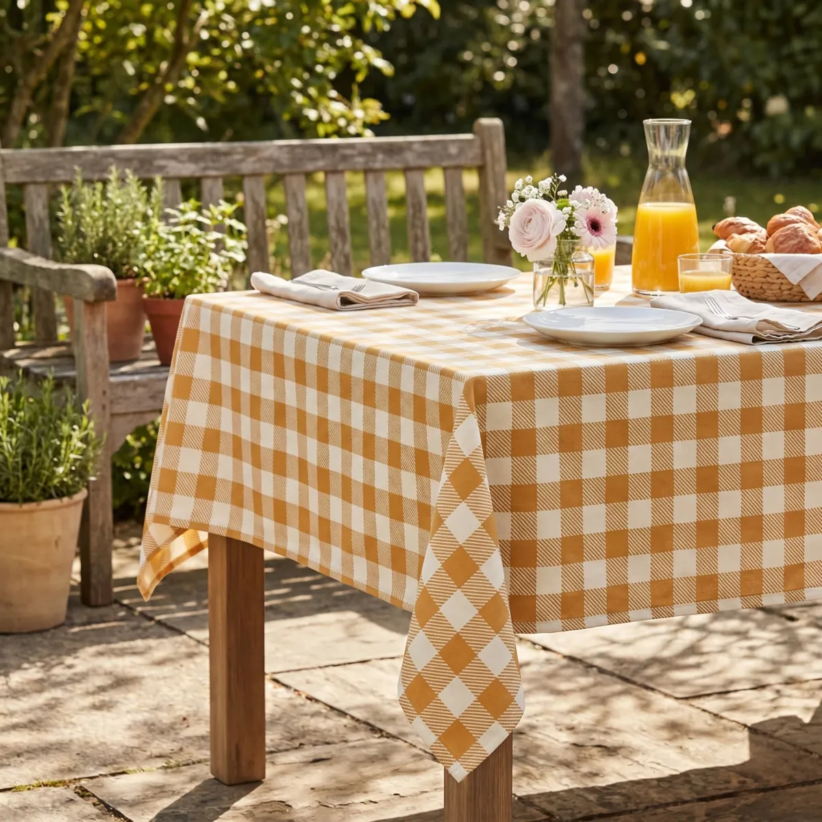 Rechthoekig gecoat katoenen tafelkleed (150 x 350 cm) Vichy Mosterdgeel