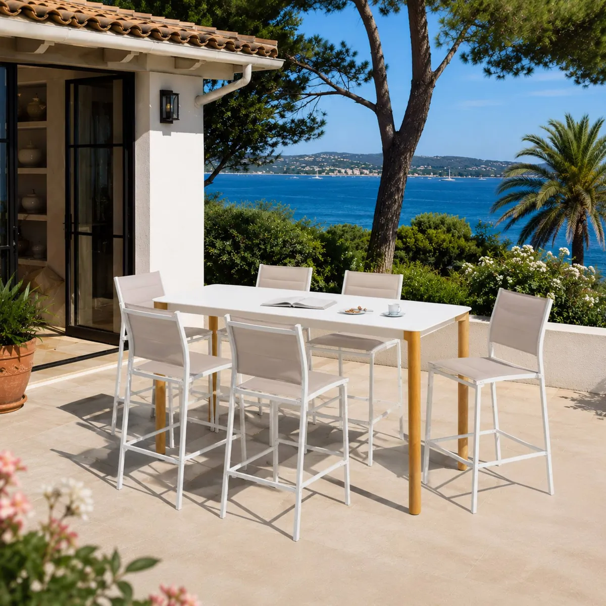 Table de jardin haute en aluminium 8 places (200 x H105 cm) Monte Carlo Blanc