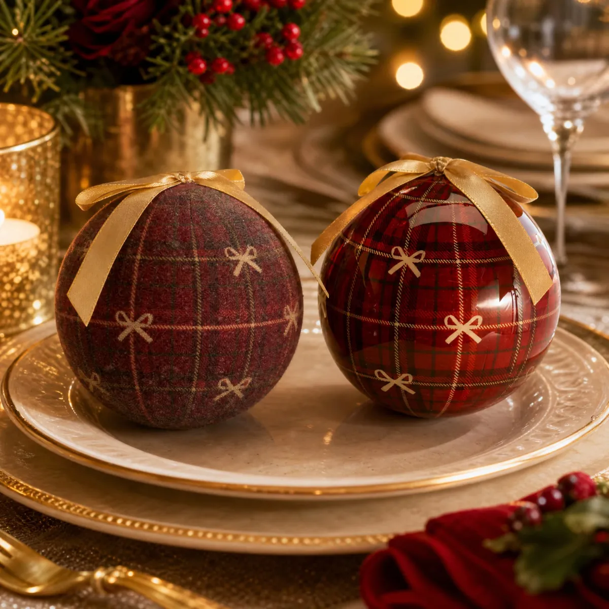 Set di 14 palline di natale (D75 mm) Piccoli nastri tartan Bordeaux