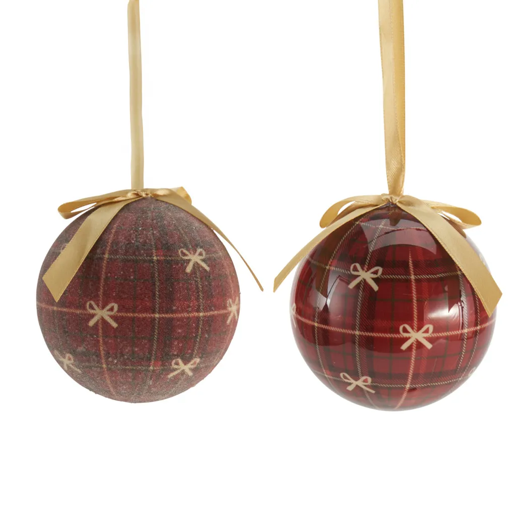 Set di 14 palline di natale (D75 mm) Piccoli nastri tartan Bordeaux