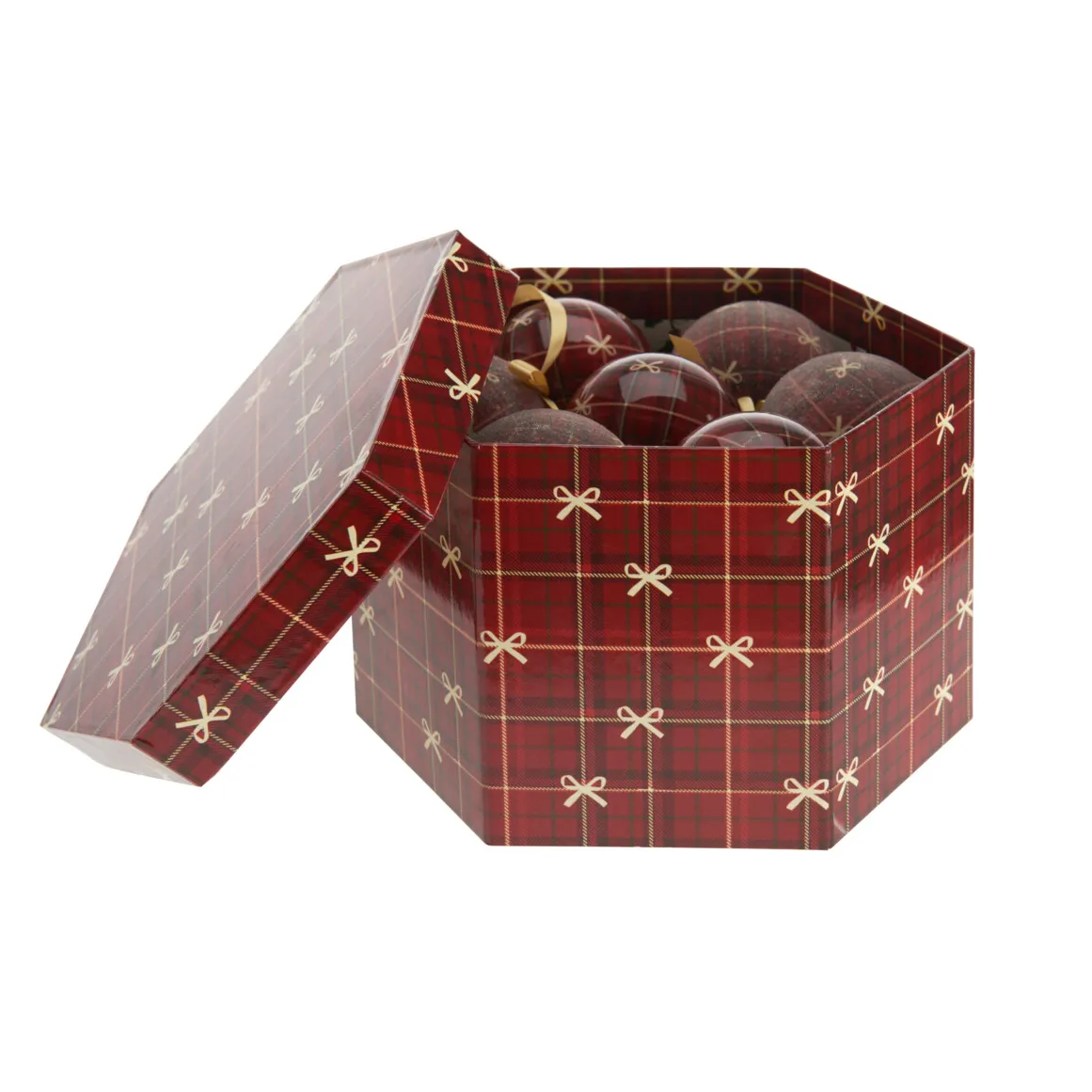 Set di 14 palline di natale (D75 mm) Piccoli nastri tartan Bordeaux