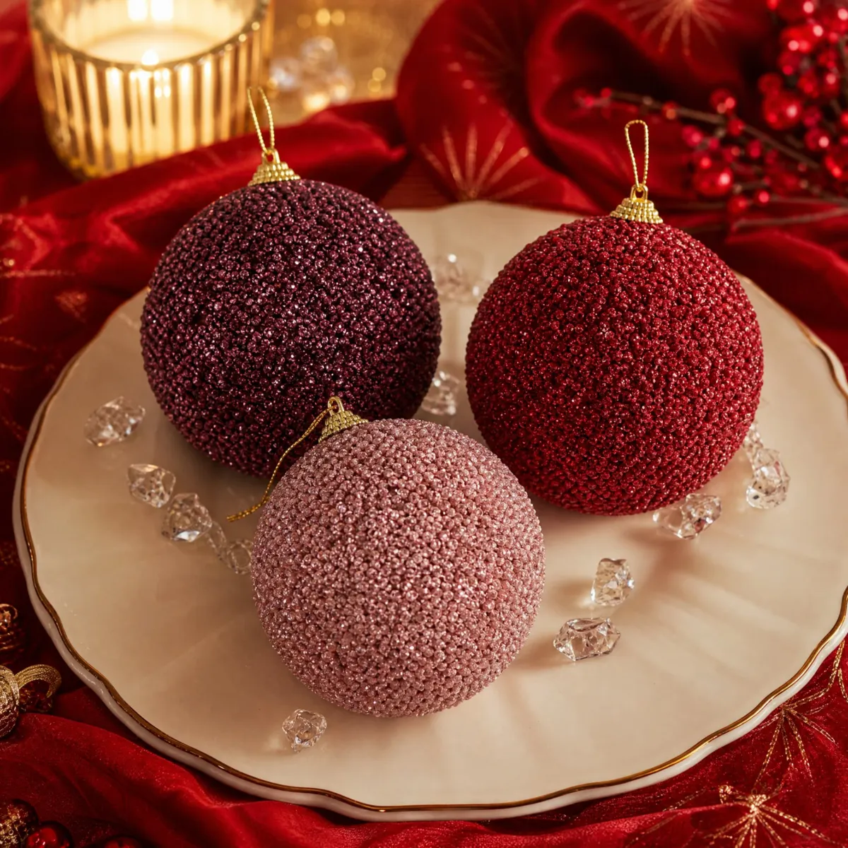 Set di 12 Palline di natale (D100 mm) Luce glitterata Rosso, bordeaux e rosa