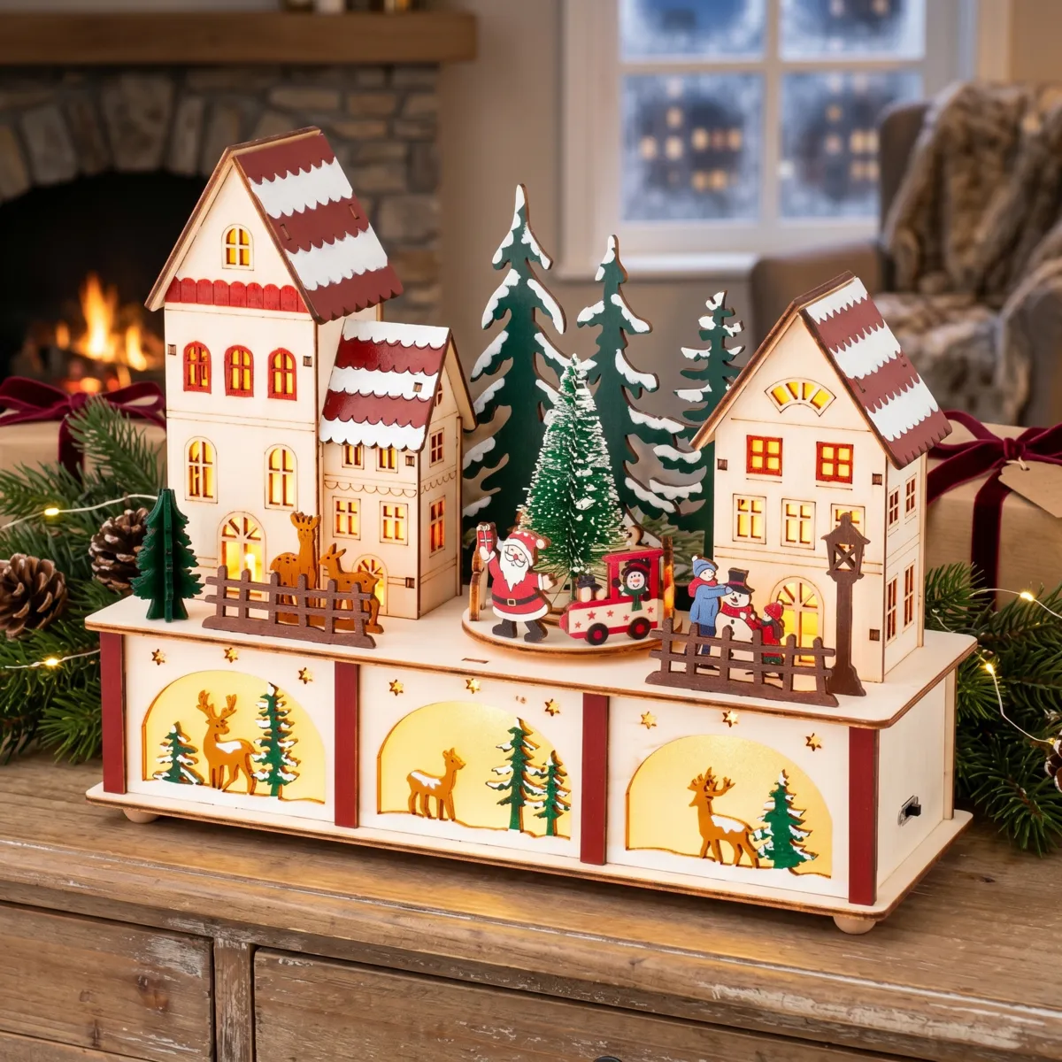 Villaggio di Natale in legno luminoso e musicale a pile (27 x H22 cm) Cuore del villaggio Colorato