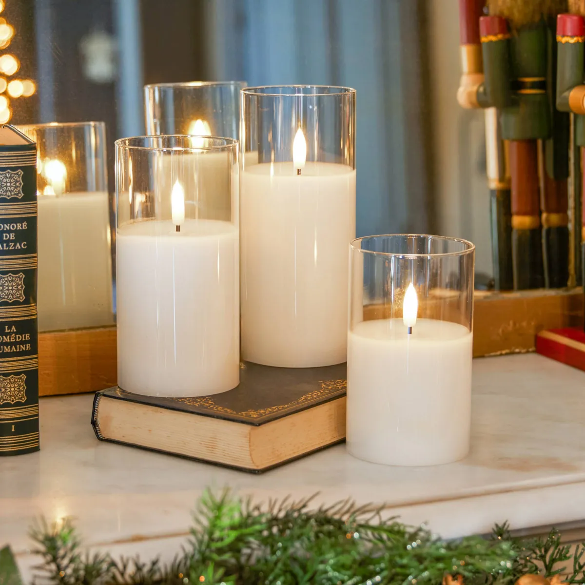 Set di 3 candele in vetro a LED a pile (H17 cm) Bagliore d'inverno Bianco caldo