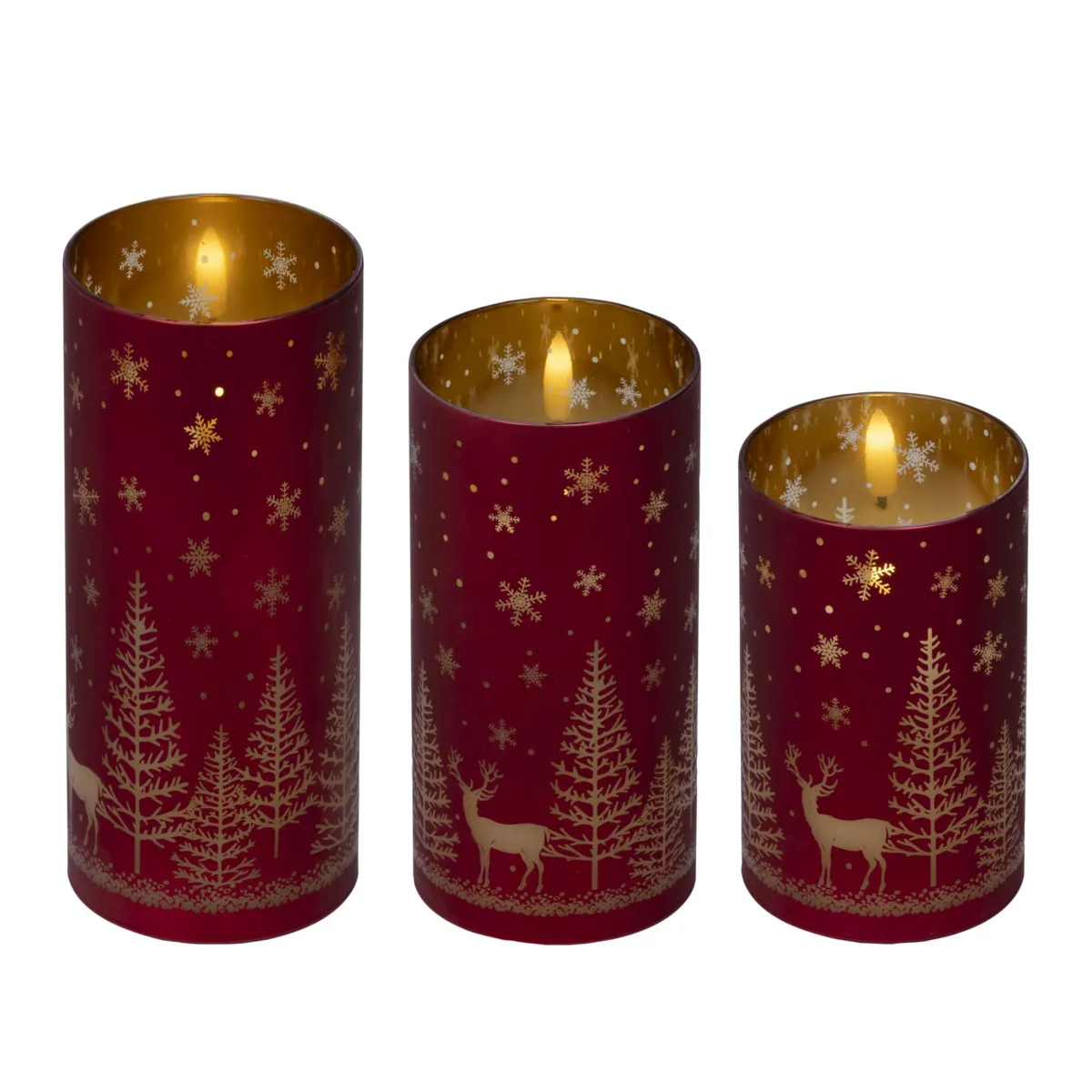 Set di 3 candele in vetro a pile LED (H17 cm) Foresta Incantata Rosso