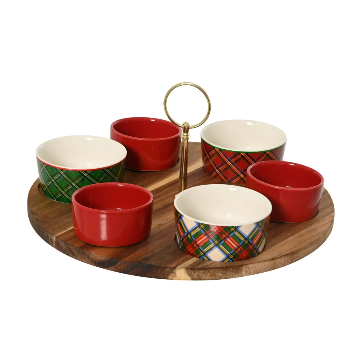 Set per tapas 6 ciotole e vassoio (D20 cm) Tartan Rosso e verde