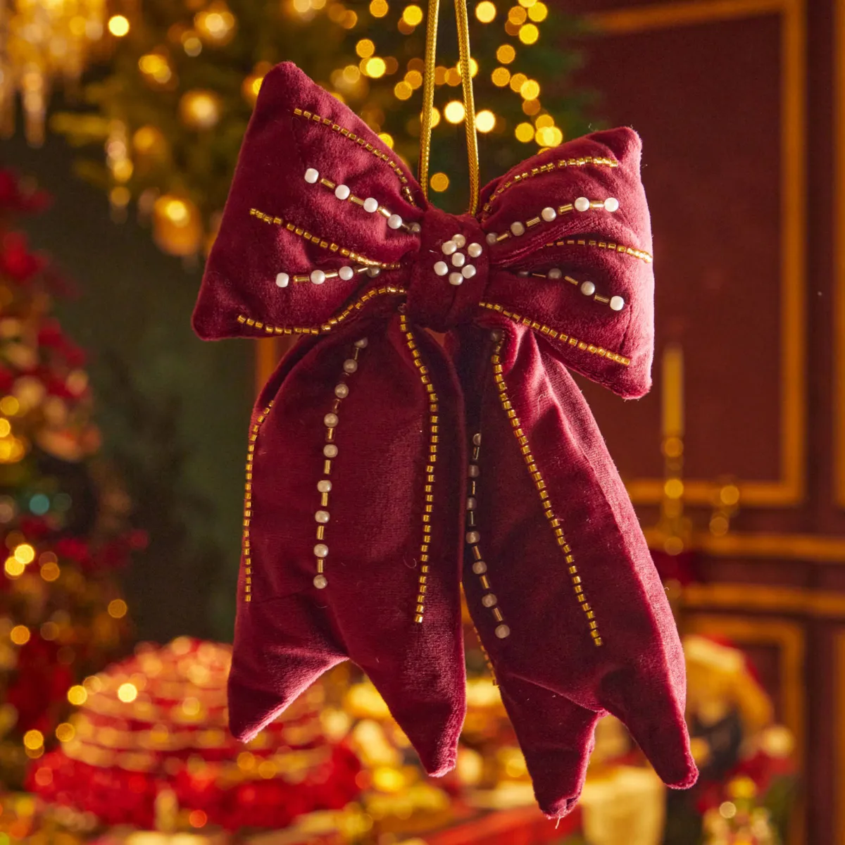 Fiocco natalizio (H30 cm) Velluto glitterato Bordeaux