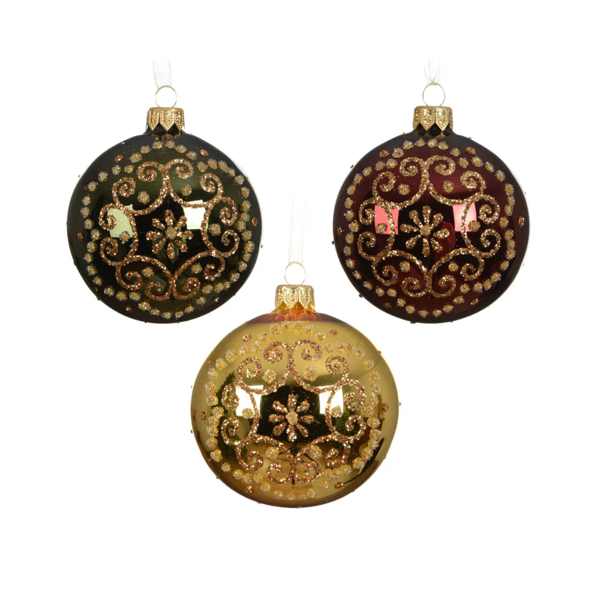 Set di 6 palline di natale in vetro (D80 mm) Medaglione intrecciato Oro, bordeaux e verde abete
