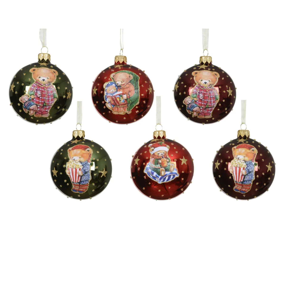 Set di 6 palline di natale in vetro (D80 mm) Orsetto Bordeaux e verde abete