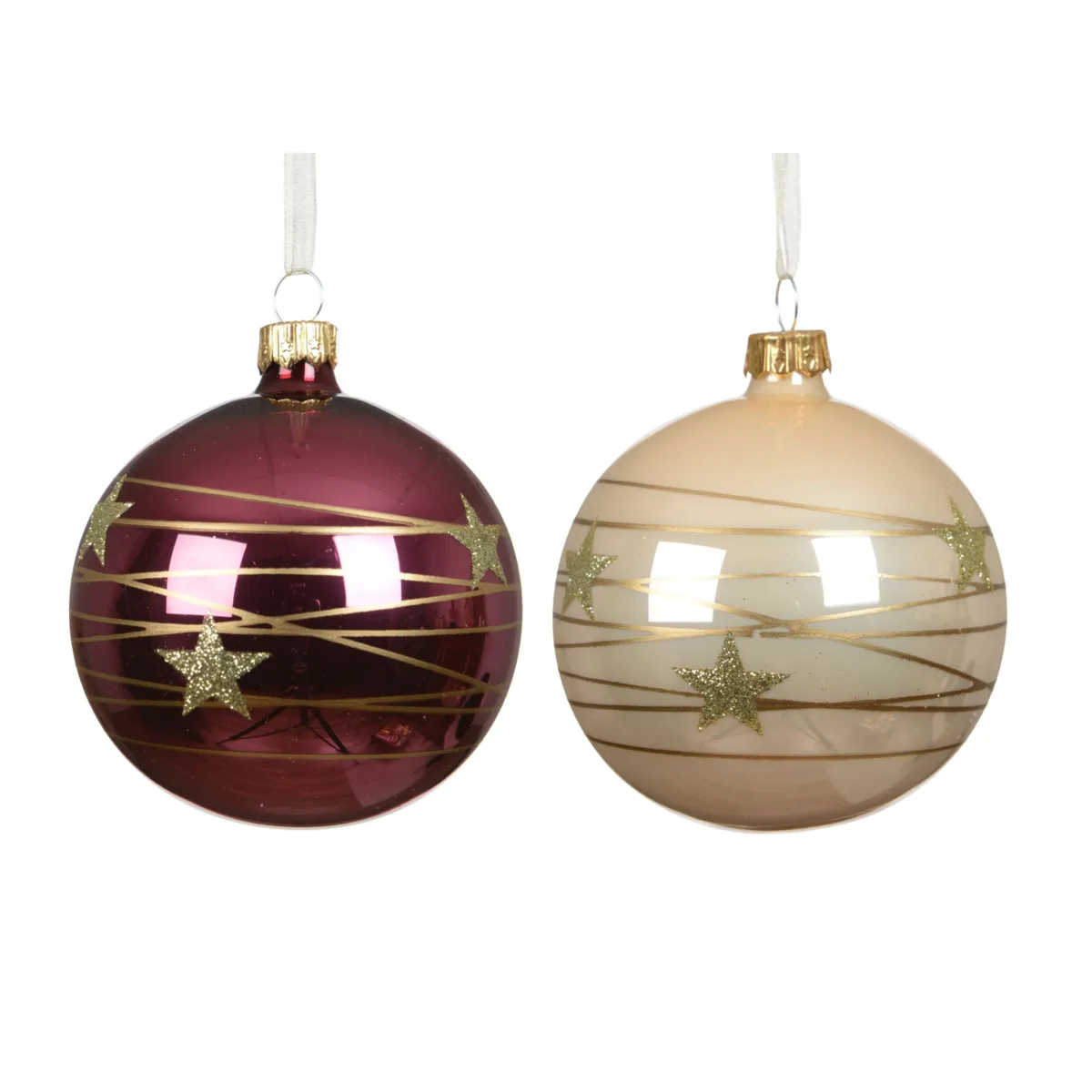 Set di 6 palline di natale in vetro (D80 mm) Stelle cadenti Perla e rosa scuro