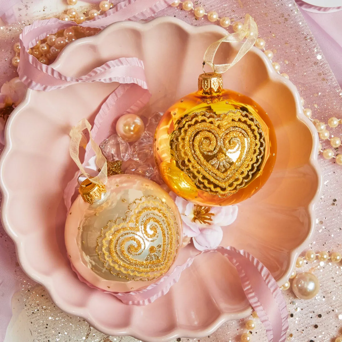 Set di 6 palline di natale in vetro (D80 mm) Cuore d'amore Oro e perla