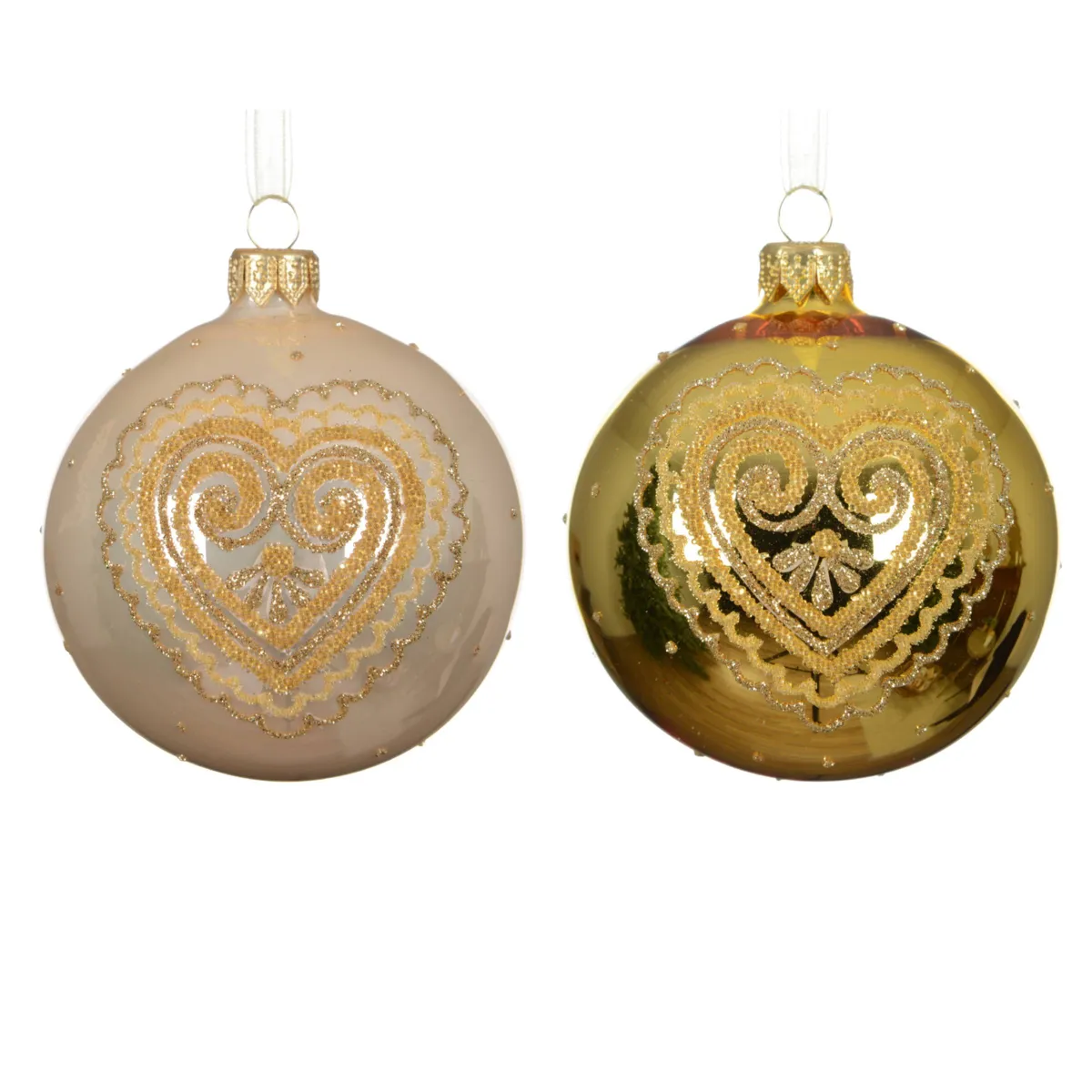 Set di 6 palline di natale in vetro (D80 mm) Cuore d'amore Oro e perla