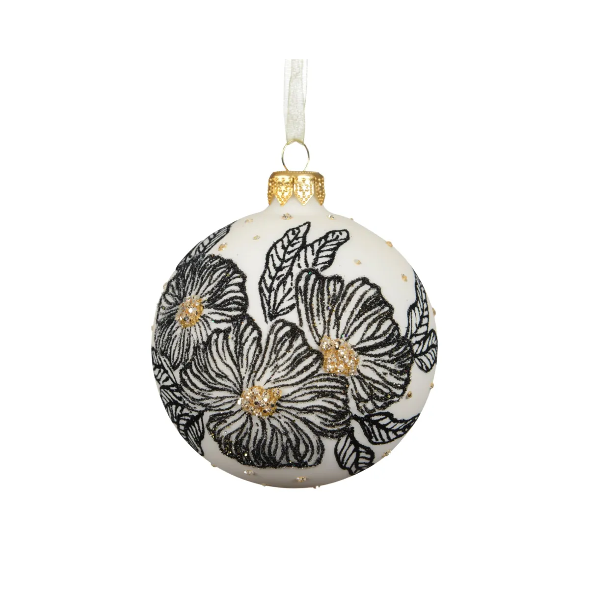 Set di 6 palline di natale in vetro (D80 mm) Arabesco Fiorito Nero e bianco lana