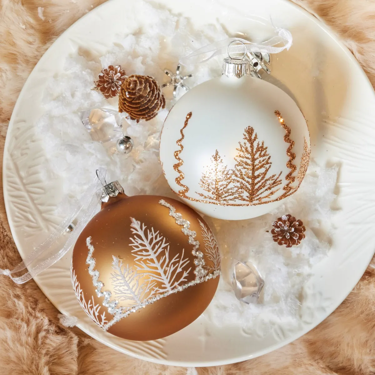 Set di 6 palline di natale in vetro (D80 mm) Bosco Incantato Bianco e caramello glitterato