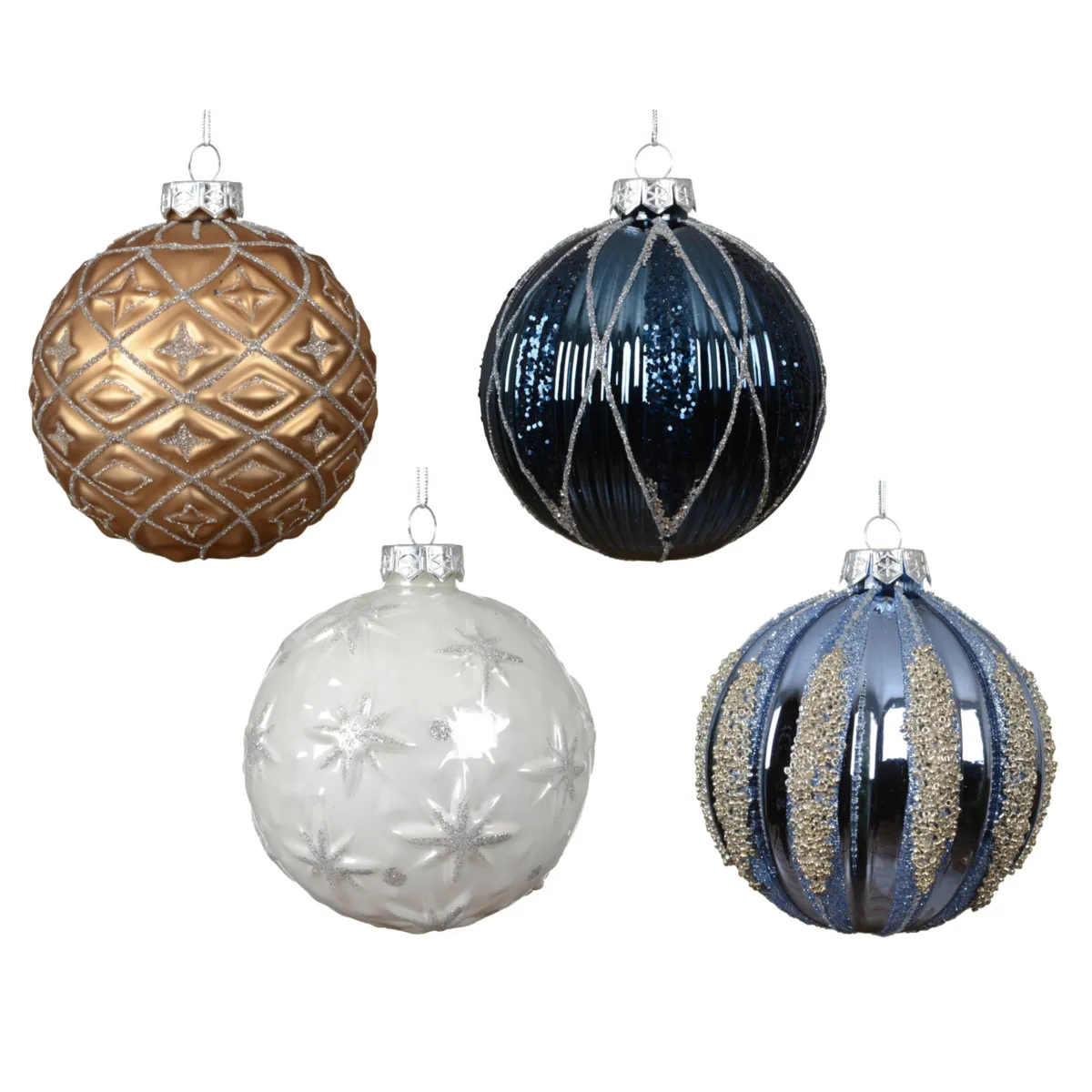 Set di 12 palline di natale in vetro (D100 mm) Celestia Blu notte, bianco e caramello