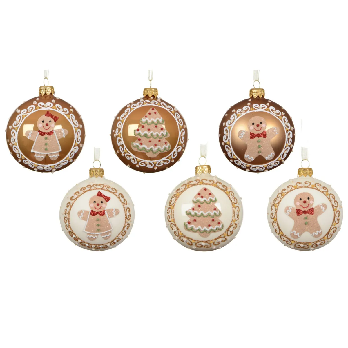 Set di 6 palline di natale in vetro (D80 mm) Pan di zenzero Bianco lana e caramello