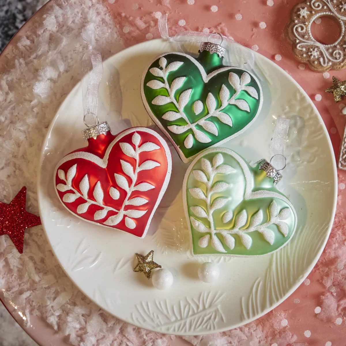 Set di 12 sospensioni in vetro (H10 cm) Cuori Verde agrifoglio, menta e rosso
